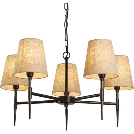 Searchlight Gothic Luminaire suspendu à 5 lumières, noir martelé, lin naturel (1/5)