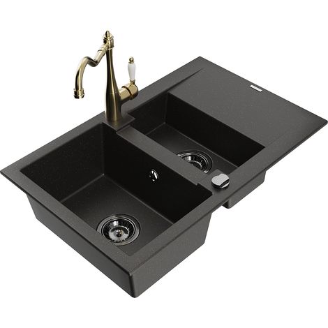 Mexen Gaspar évier en granit 1,5 cuves avec égouttoir et mitigeur Carla noir/doré métallique - 6507-75-670700-50-B (1/5)