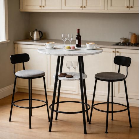 Table haute de bar avec rangement, effet marbre blanc, cadre métal noir, Ø 60 cm, H 89 cm (1/5)