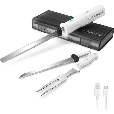 Couteau à pain électrique sans fil 8V – Lame 178/203mm – Chargement Type-C – Indicateur d'alimentation – Acier inoxydable lavable au lave-vaisselle – Haushof (1/5)
