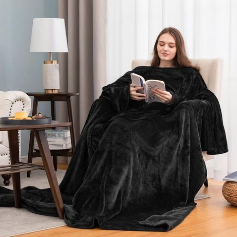 Couverture TV avec manches et poche, couverture à porter duveteuse, douce et chaude, confortable et confortable pour femme et homme en cadeau, 170x120cm, Noir (1/4)