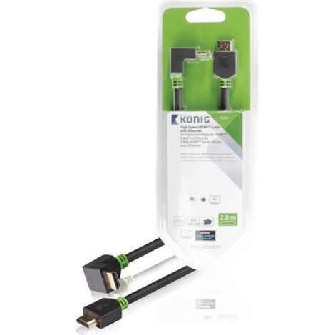Câble HDMI - KONIG - KNV34200E20 - 2 m - Connecteur HDMI 90° - Haute vitesse avec Ethernet