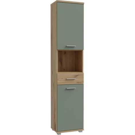 Meuble de salle de bain - Colonne - Décor Chene et Vert sauge - 2 portes - L40,2 x P28,9 x H183,6 cm (1/5)