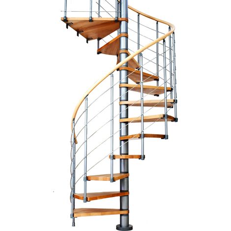 Dolle Spindeltreppe Oslo Ø160cm mit 294-322cm Geschosshöhe 13 Stufen 1 Podest Buche lackiert Geländer grau, mitlaufende Edelstahlstäbe