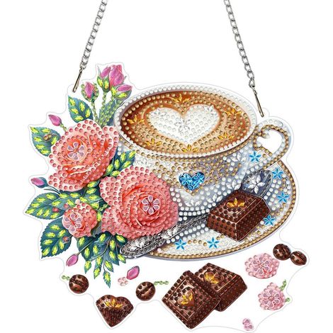 5D Diamond Painting Anhänger Set Kaffee & Schokolade mit Kette für Fenster & Garten