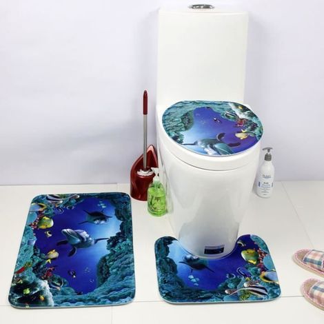 Tapis de salle de bain - Lot de 3 - Imprimé Monde Sous-marin - Antidérapant - Bleu