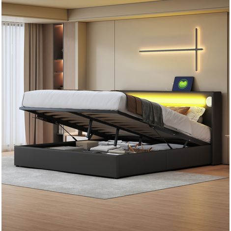Bett Doppelbett Stauraum 160x200 PU Leder Schwarz OKMYHOME (1/5)