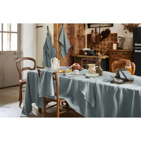 Nappe de table "Soline" 170 x 250 cm Lin lavé l'Effet Papillon - Soline Azur - 160 x 200 cm Bonnet 30 cm - Soline Azur - (1/4)