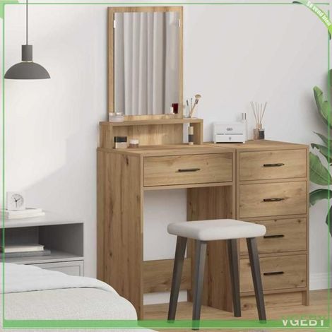 Table de Maquillage - ABI - Chêne artisanal - 50 x 41 x 140 cm - Avec miroir et tiroir (1/5)