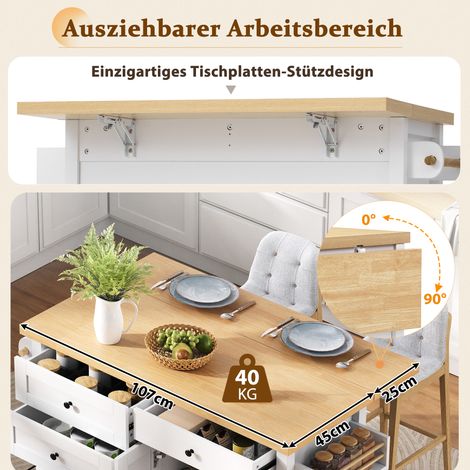 Île de cuisine roulante avec table escamotable, chariot de cuisine à tiroirs multifonctions, parfait pour cuisine et salle à manger (Blanc) (1/5)