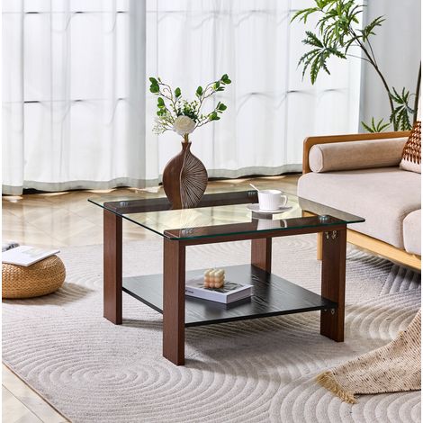 Mesa de centro 65x41x45.5 cm, doble almacenaje, tablero de vidrio templado y estante MDF, nogal y negro (1/5)
