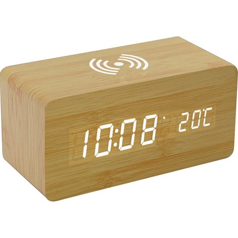 Sveglia digitale in legno con ricarica wireless, 3 allarmi, display a LED e controllo del volume. Ideale per la camera da letto, il comodino o la scrivania. Un regalo perfetto per bambini e amici. (1/5)