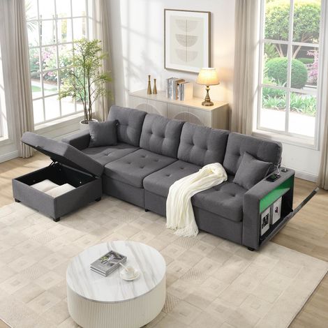 Canapé d'angle 4 places en L 253 cm avec pouf coffre, double rangement aux accoudoirs, LED, USB/USB-C, revêtement Lin, Gris antique (1/5)