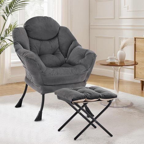 Sessel mit Hocker, Ohrensessel Dunkelgrau, Ergonomisch, Klappbarer Fußhocker (1/5)