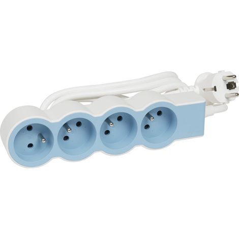 Rallonge Multiprise Extra-Plate, 4 Prises 2P+T 16A 3680W, Cordon 1,5m Blanc Et Bleu, 1 Prise À 90° Pour Chargeur Volumineux
