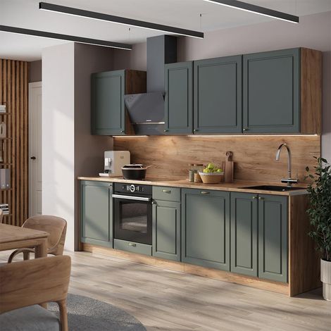 Mueble de cocina Fame-Line, Verde dorado Casa de campo/Roble dorado, 280 cm sin encimera, Vicco (1/5)
