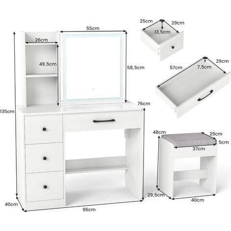 Tocador con espejo y taburete 96 x 40 x 135 cm almacenamiento optimizado estilo moderno madera manufacturada blanca 200018755