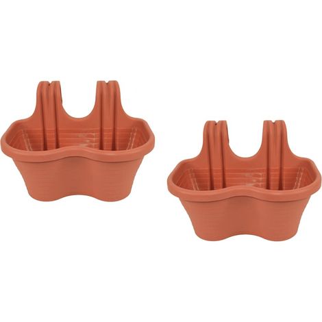 KIT 2 PZ FIORIERA 2 POSTI BALCONE BALCONIERA PLASTICA MARRONE CM 37x28x25 H 607d