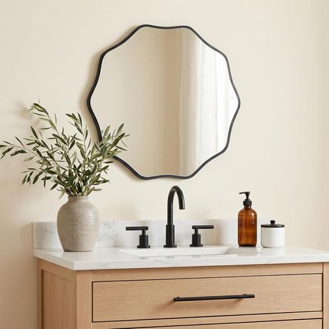 Miroir mural rond - Miroir ondulé avec cadre en bois - Miroir décoratif à suspendre ou à s'appuyer - Miroir de salle de bain - Miroir de couloir - Miroir de salon - Design en bois naturel (1/5)