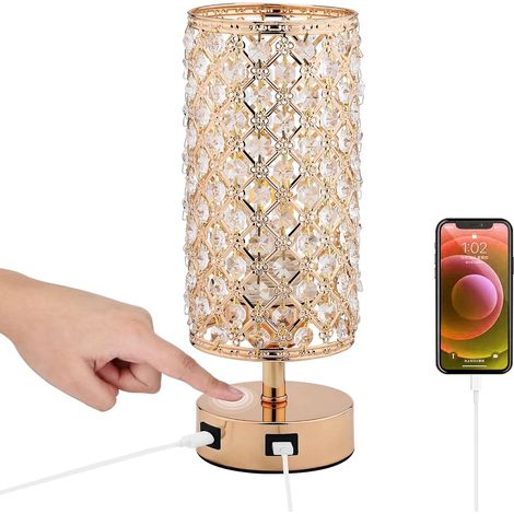 Lampe de Chevet en Cristal Doré Dimmable Lampe de Table à Commande Tactile 2 Ports de Charge USB pour Chambre à Coucher avec Ampoule E27