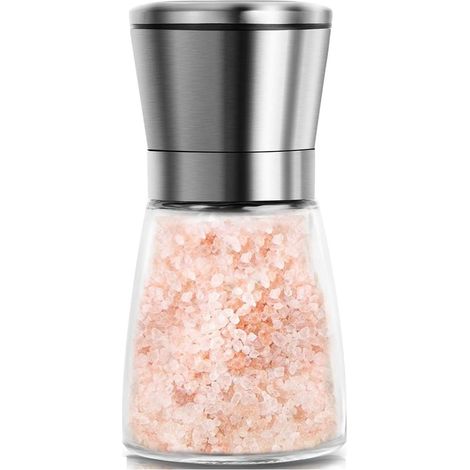 Professionelle manuelle Salz- und Pfeffermühle, 170 ml nachfüllbares Glas-Gewürzmahlwerk, Keramikklinge, Edelstahldeckel, Mahlgrad einstellbar (1/5)
