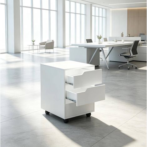 Caisson à roulettes mobile en MDF blanc pour bureau avec 3 tiroirs, 40x50x57,5 cm (1/5)