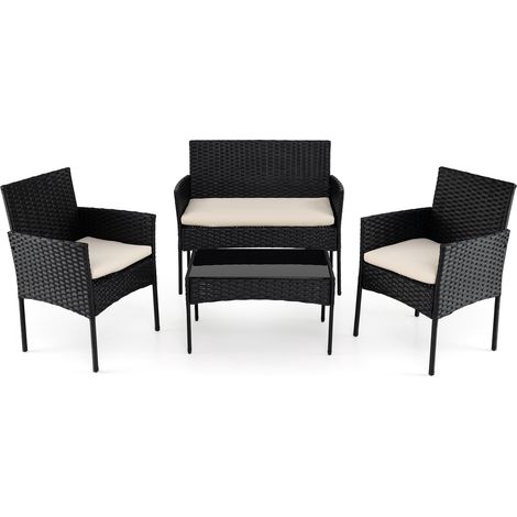 Salon de Jardin Extérieur en Résine 4 Pièces, avec 2 Fauteuils, 1 Canapé 2 Places et Table Basse Plateau en Verre Trempé, Coussins Amovibles, Beige