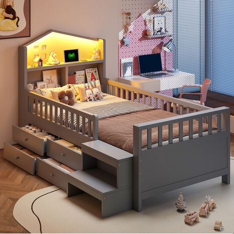 Cama infantil 90x200 cm con 4 cajones, escalones laterales, luces LED y puertos USB, madera maciza gris (1/5)