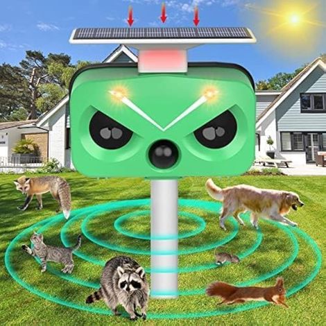 Répulsif pour animaux d'extérieur à ultrasons avec mouvement, capteur de lumière et son pour chat/oiseau/cerf/mouffette/rat/écureuil Dispositifs dissuasifs pour cour, jardin, ferme, terrasse (1/5)