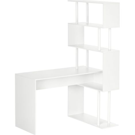 Escritorio para ordenador en forma de L con cuatro estantes de madera, 120 x 80 x 176 cm, blanco.