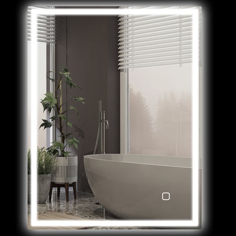 Miroir de salle de bain avec éclairage 90 x 70 cm Miroir mural LED Miroir mural avec fonction mémoire 3 couleurs de lumière Argent (1/5)