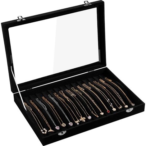 15 crochets - Plateau en velours - Organiseur de cou avec couvercle transparent - Verrouillable - Boîte à bijoux - Organisateur de bijoux pour pendentif, collier, plateau à bijoux