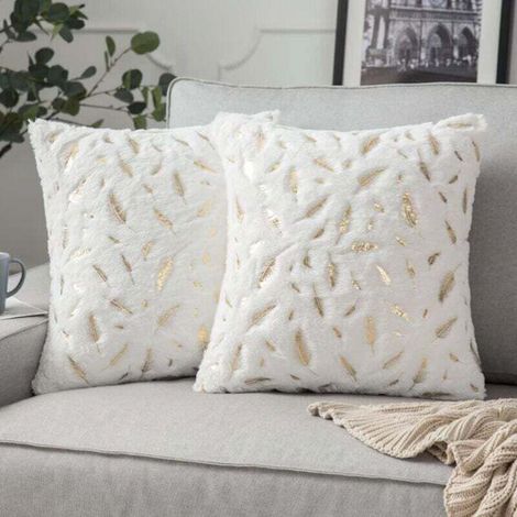 Housses de Coussin Canapé 50x50 Doré carré Taie d'oreiller Poil Fourrure Automne Blanc Decoration Home Plume Bronzante Chambre Salon Coussin Décoratif, 2 pièces (1/5)