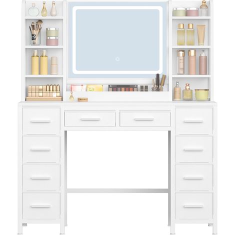 Coiffeuse avec Miroir, Table de Maquillage avec Éclairage LED, Luminosité Réglable, 3 Couleurs, 10 Tiroirs, 8 Compartiments de Rangement Ouverts, Blanc (1/5)