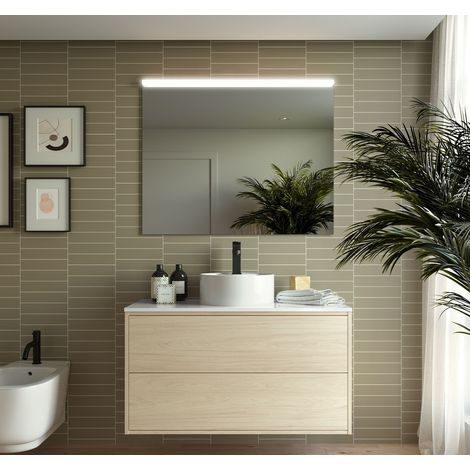 Mobile bagno sospeso 100 cm 2 cassetti in legno nordick con lavabo d'appoggio - Olympus - 100 cm Con Doppia colonna Specchio e Lampada Led - Accessorio: Con Doppia colonna  Specchio e Lampada Led - Mi