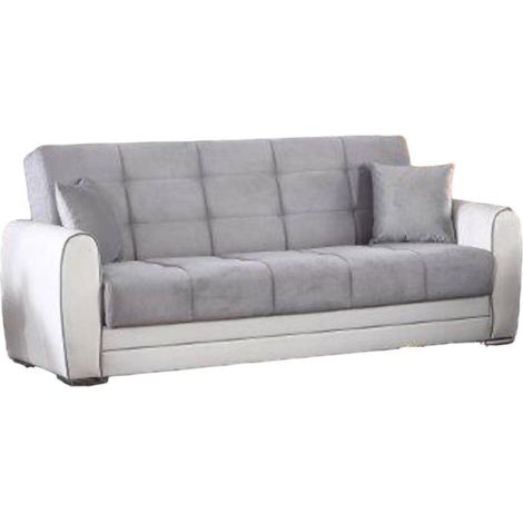 Dmora - Divano letto 3 posti Dike, Divano contenitore in ecopelle e tessuto, Sofà da soggiorno con apertura click-clack, 220x84h91 cm, Bianco e Grigio (1/5)