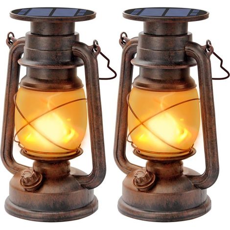 Lampe solaire d'extérieur, lot de 2 lampes solaires LED vintage style tempête, lampe de camping rétro avec effet flamme, étanche, pour extérieur.-AquaForge (1/5)