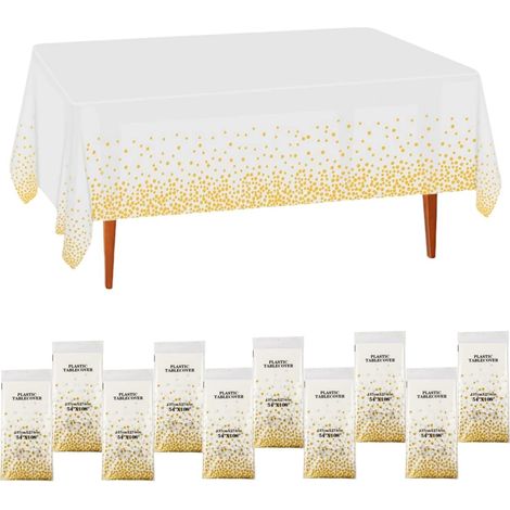 Lot de 10 nappes jetables blanches et dorées pour fête, nappes jetables pour table, décoration de table pour fête, 274x137cm (BLANC OR-10 NAPPES) (1/5)