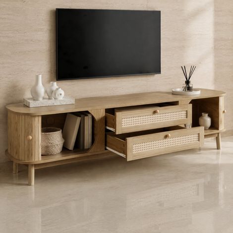 MEUBLIV mueble TV 170 cm natural y amarillo claro con puertas correderas y cajones (1/5)