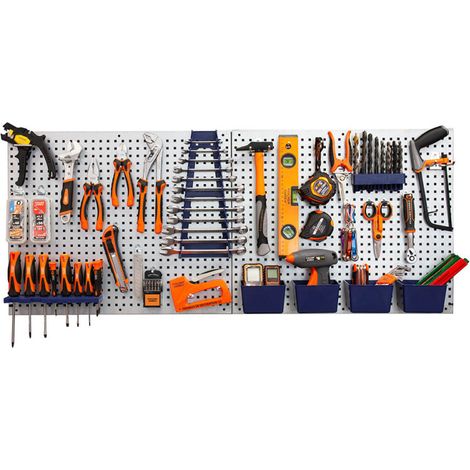 Fischer Darex – Panneaux muraux perforés en acier 558x458mm – Capacité de charge 15kg – Kit de 2 avec crochets et bacs de rangement