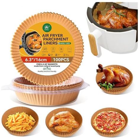 Papier Cuisson pour Air Fryer- 100 Pièces - Adapté pour Friteuse Air sans Huile 2 à 5 QT (16 cm) - Naturel, Sain, Antiadhésif et Écologique - Rondes pour Actifry, Cosori, Ninja, Philips (1/5)