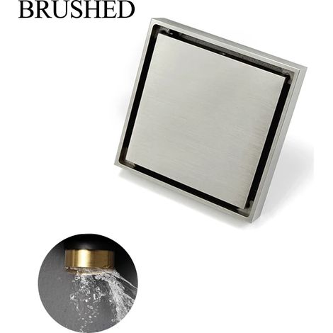 (Brushed Nickel)Brushed Nickel 10X10cm Square Shower Drain Tile Insert Anti Odor Brass Floor Drain Kit with Removable Grate Cover Hair Strainer (1/4)