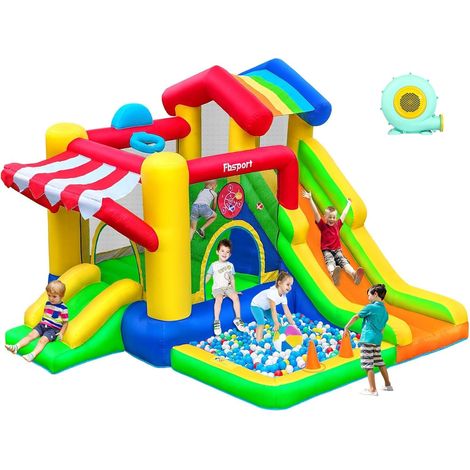 Kids Inflatable Castle with Double Slide, Trampoline, Ball Pool, Ball Throw, Climbing Wall and Basketball Hoop, for Indoor Outdoor Garden, 322×305×208cm (1/5)