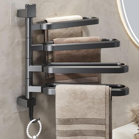 Porte-serviettes mural auto-adhésif à 4 bras pivotant avec crochet double suspension pour salle de bain cuisine (1/5)