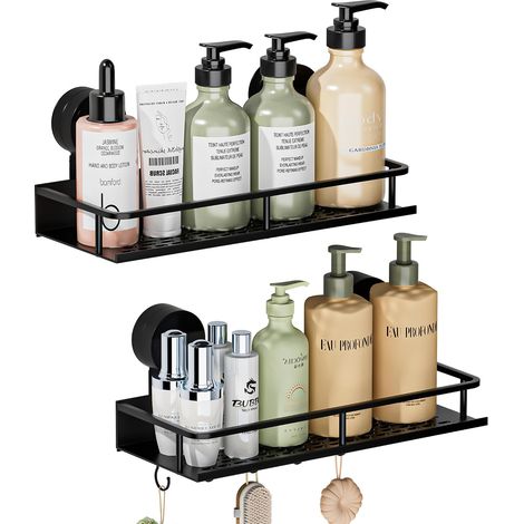 Duschablage mit Saugnapf, kein Bohren erforderlich, 2-teiliges Badezimmer-Aufbewahrungssystem mit Haken, 10 kg Tragkraft, wasserdicht und rostfrei, Halter für Shampoo, Spülung und Seife, Schwarz (1/5)