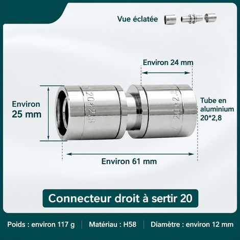 Raccord manchon droit 20 mm glissement laiton finition nickelée tube de chauffage au sol épaisseur 2,8 mm 1 kg – Livraison gratuite (1/5)