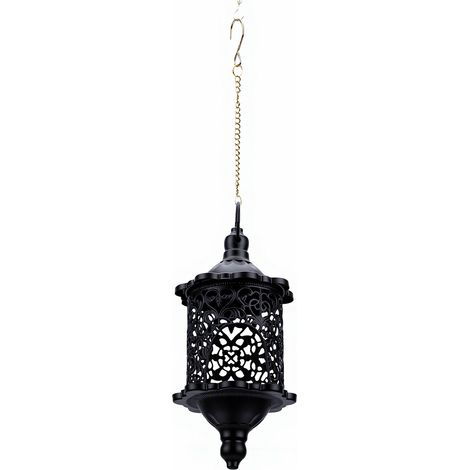 Portacandele decorativo marocchino in ferro, stile vintage, con design traforato, porta lumini sospeso, nero, per casa, veranda, patio (1/5)