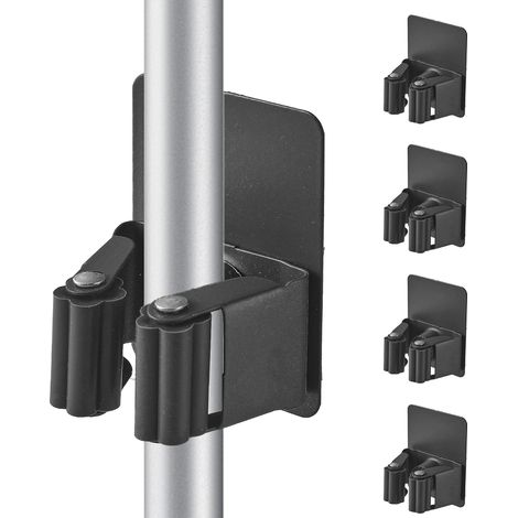Juego de 4 soportes para escobas – acero inoxidable/autoadhesivo – no requiere taladrar – cocina/baño/armario/jardín – gris oscuro (1/5)