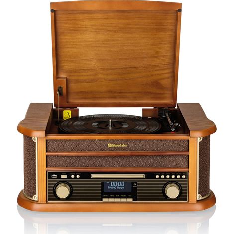 Platine vinyle vintage avec radio DAB/DAB+/FM – Lecteur CD-MP3 et cassette – Bluetooth – Boîtier en bois – 2 haut-parleurs 80W – Roadstar