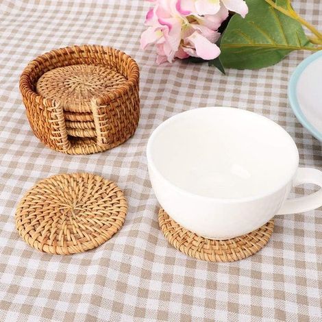 Set di sottobicchieri in rattan naturale (6 pezzi) - Resistenti al calore e riutilizzabili - Design elegante fatto a mano - Piattini in vimini intrecciato a mano (1/5)